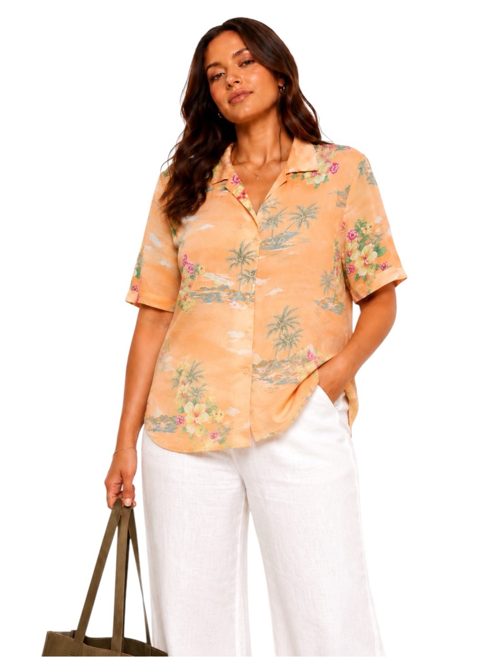 Vintage Tropical Palm Tree Peach Pastel Crinkle Blouse Size 14